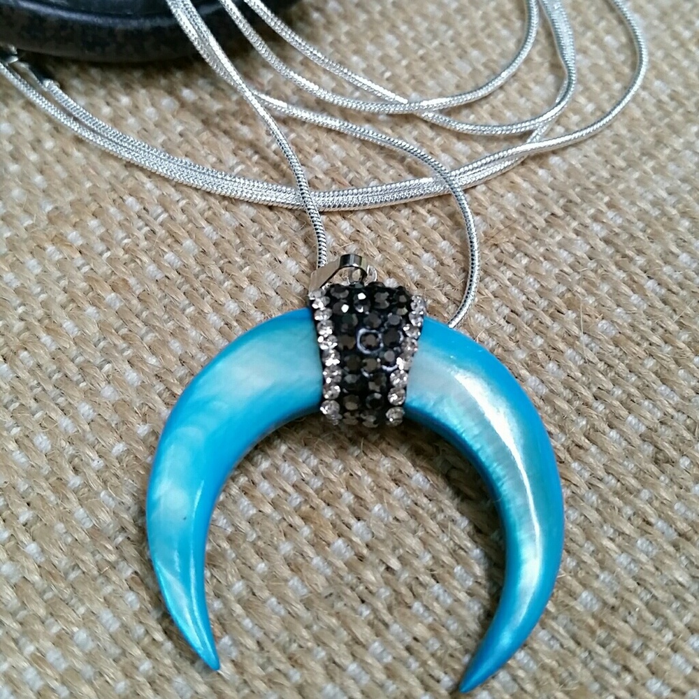 Light Blue Shell Crescent Sterling Silver & Pave Necklace